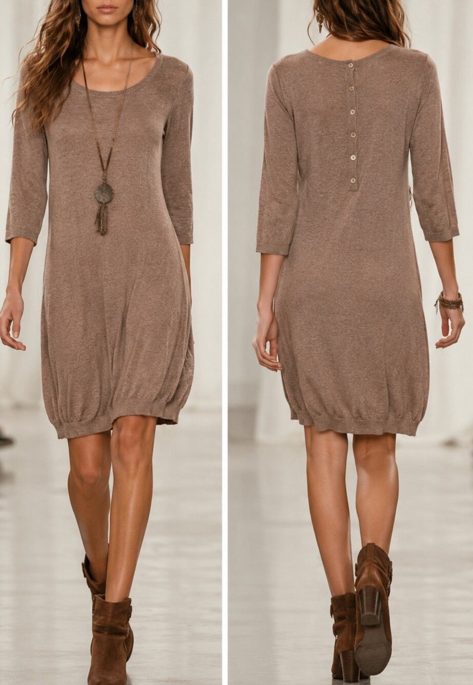H&M Alpaca Blend Knit Sweater Dress Brown 3/4 Sleeve Button Back Women Size M